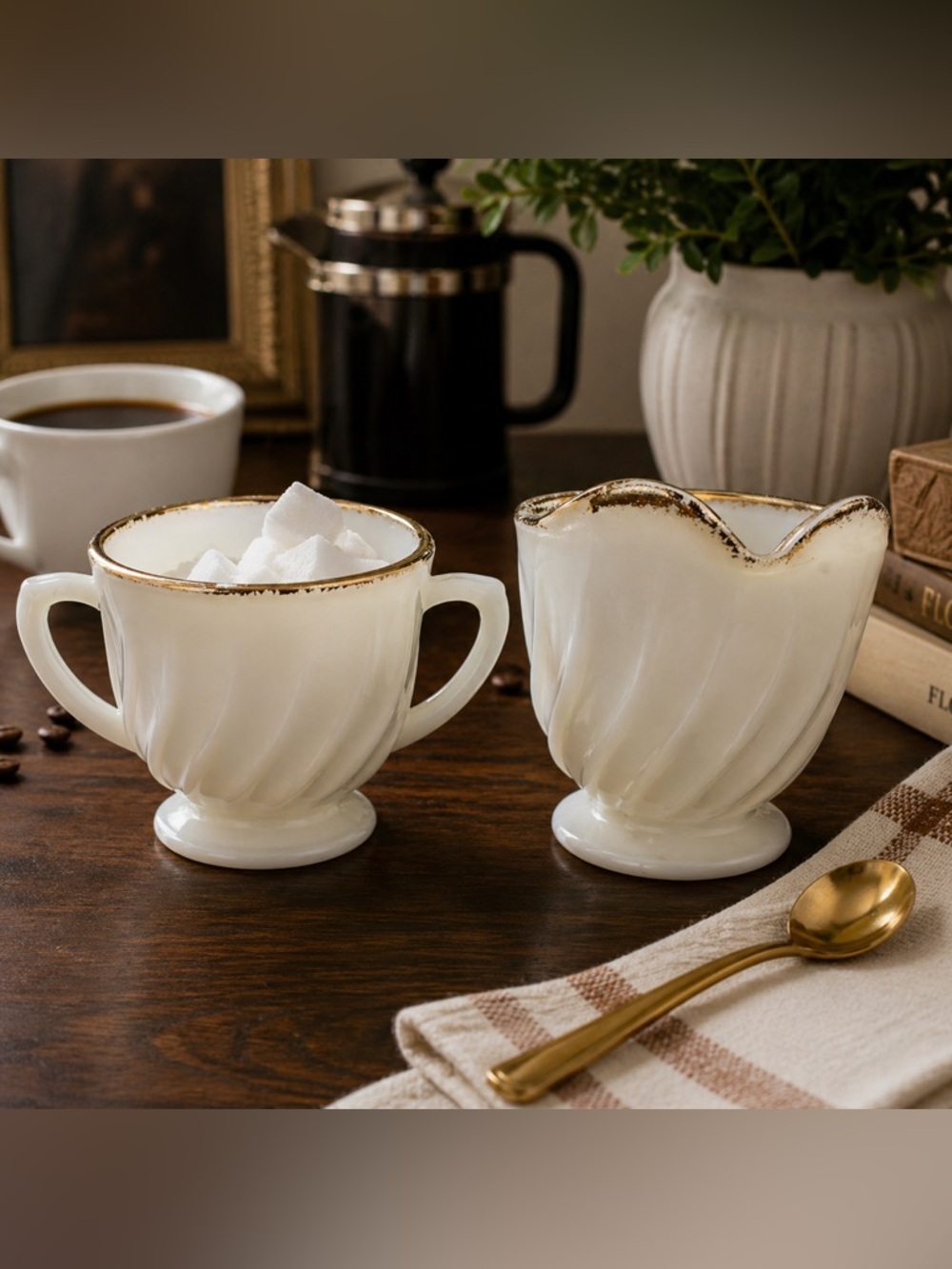 Fire King Swirl Milk Glass Sugar & Creamer Set Gold Trim Vintage Oven Ware